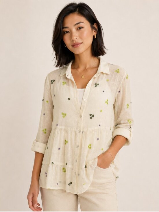 figueroa & flower Tops - Figueroa & Flower Women’s Large Ivory Sheer Floral Embroidered Tiered Button-Dow
